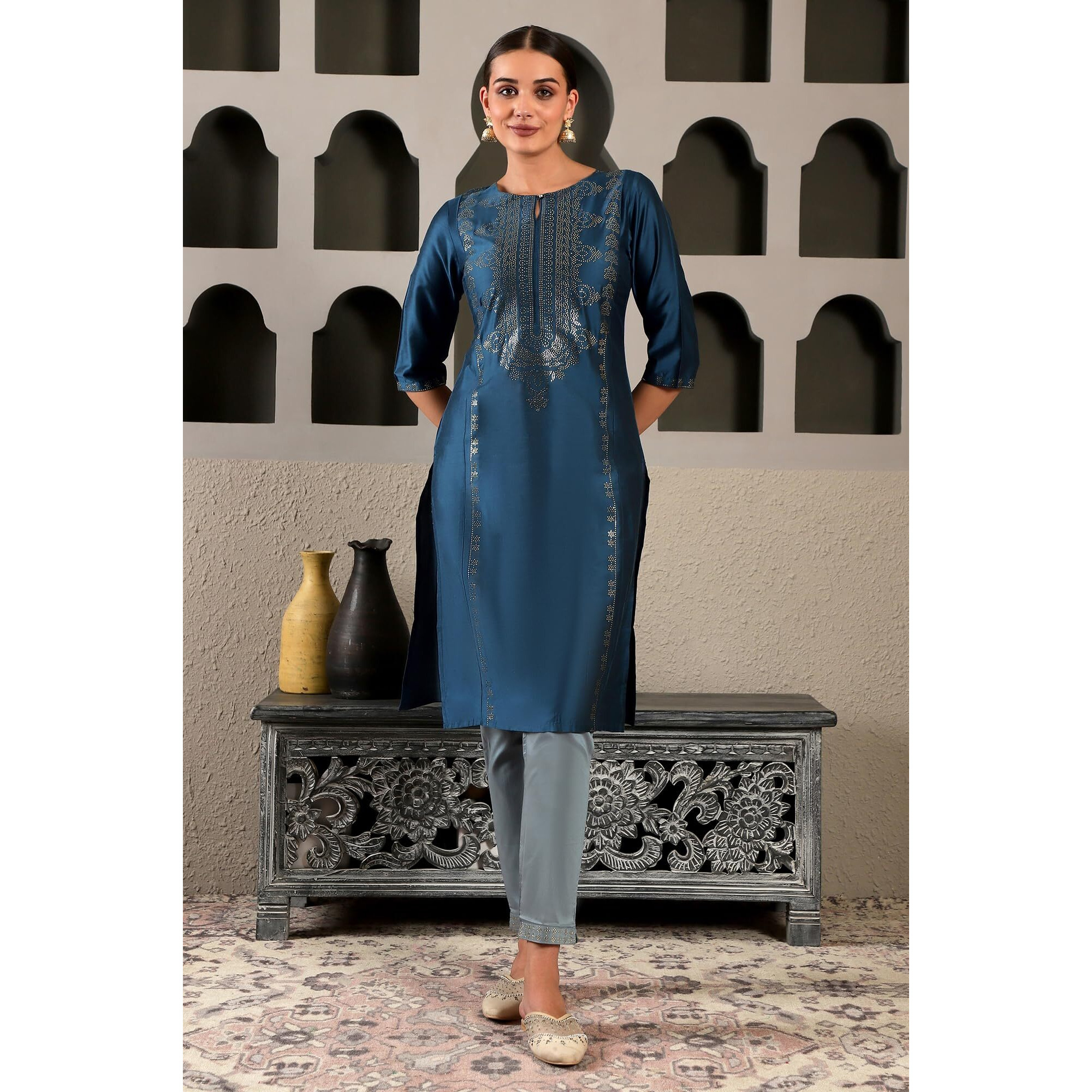 W Women Ps Mukaish Straight Kurta In Blue Colour | Women Mukaish Placement Print Blue Kurta | Blue Festive Straight Kurti For Women