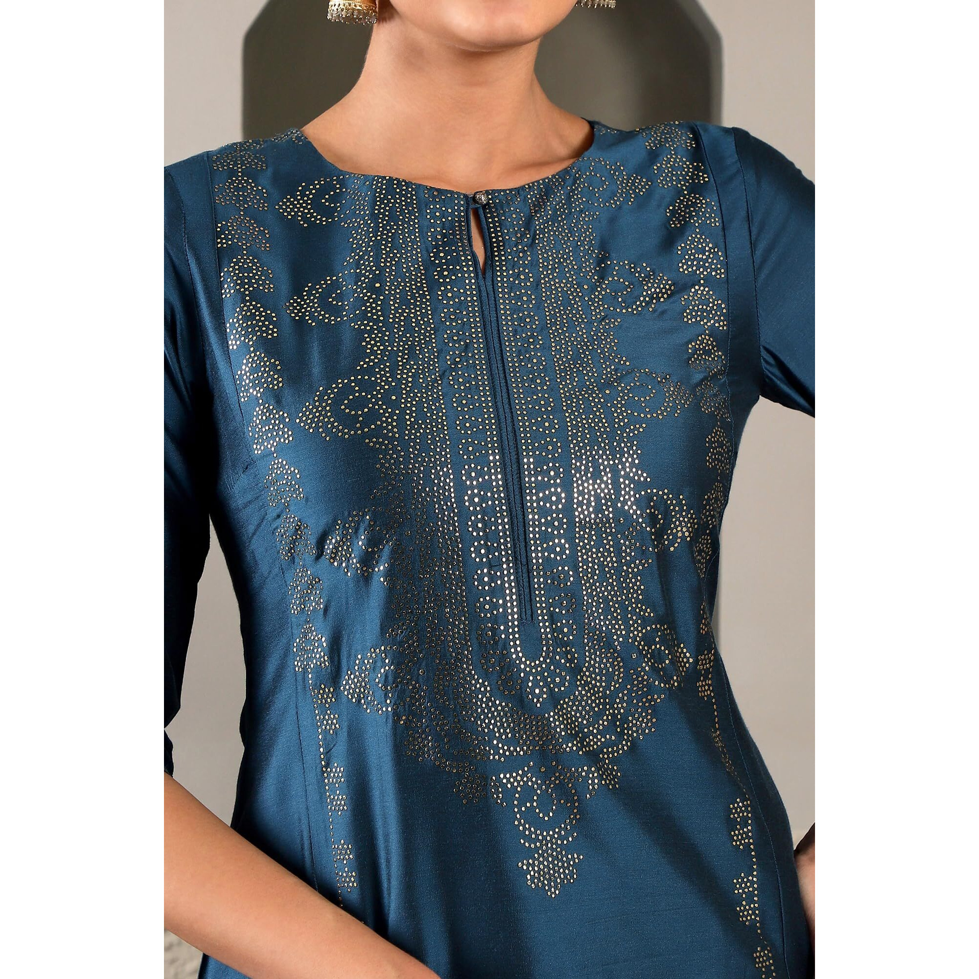 W Women Ps Mukaish Straight Kurta In Blue Colour | Women Mukaish Placement Print Blue Kurta | Blue Festive Straight Kurti For Women