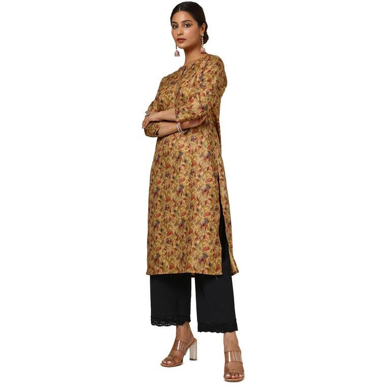 Soch Womens Mustard Linen Blend Floral Print Kurta With Tassels
