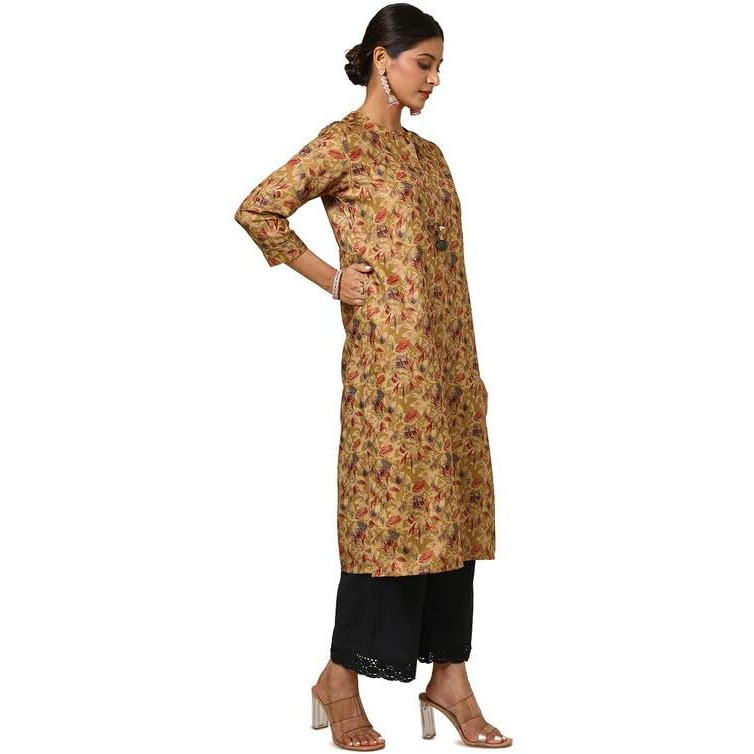 Soch Womens Mustard Linen Blend Floral Print Kurta With Tassels