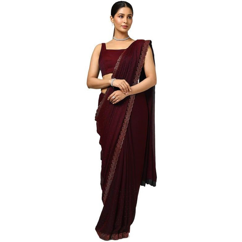 Soch Womens Maroon Chiffon Floral Print Saree With Stone Work