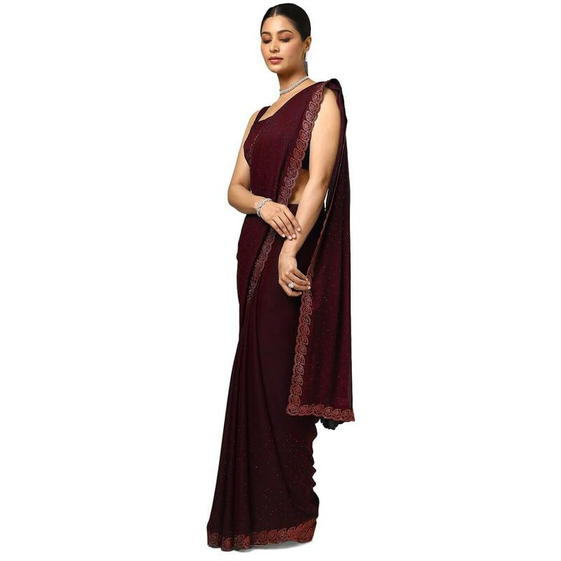 Soch Womens Maroon Chiffon Floral Print Saree With Stone Work