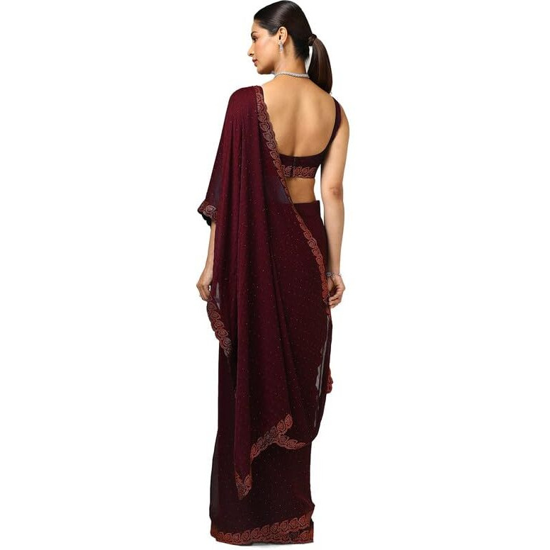 Soch Womens Maroon Chiffon Floral Print Saree With Stone Work