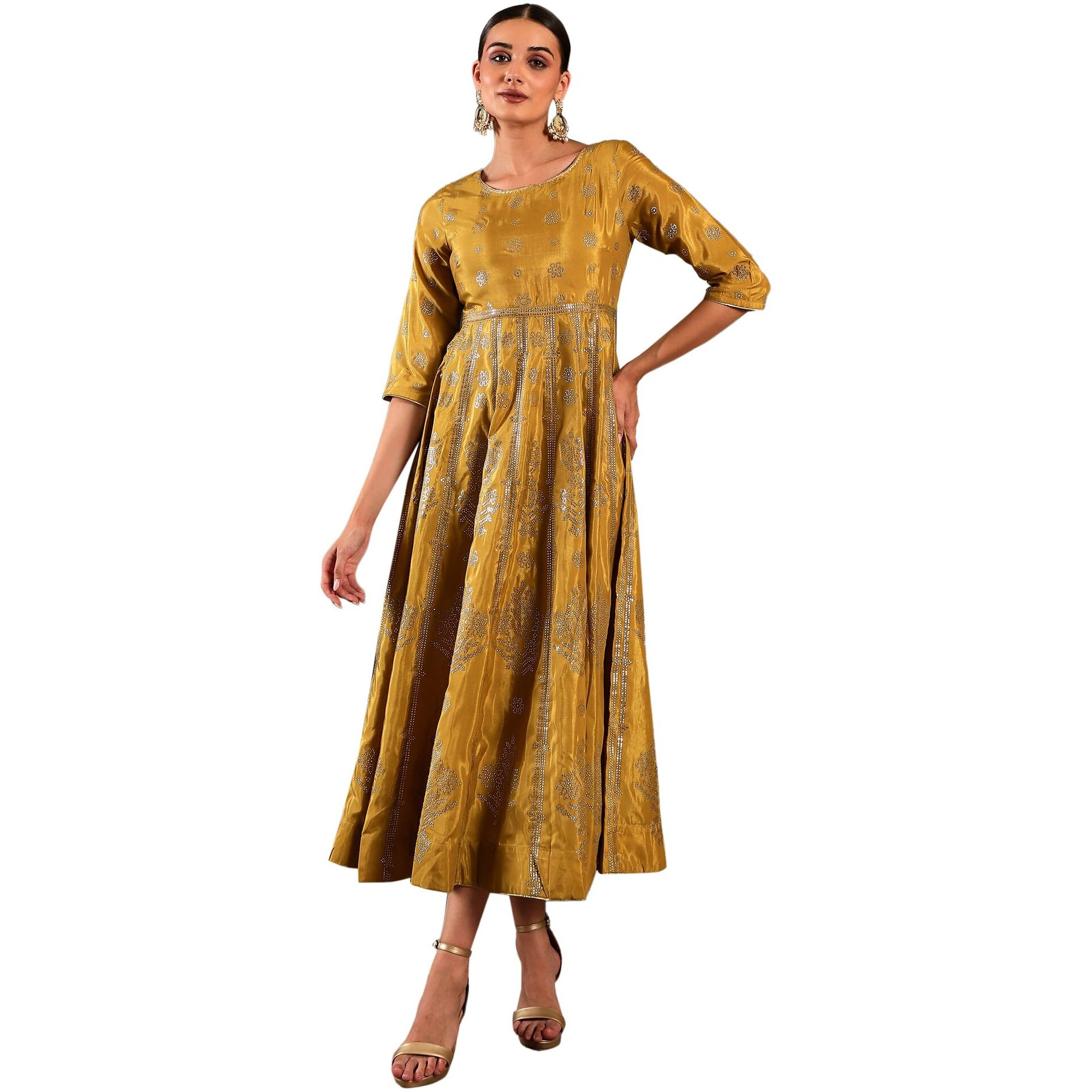W For Woman Yellow Ethnic Motif Synthetic Maxi Dress With Sequins
