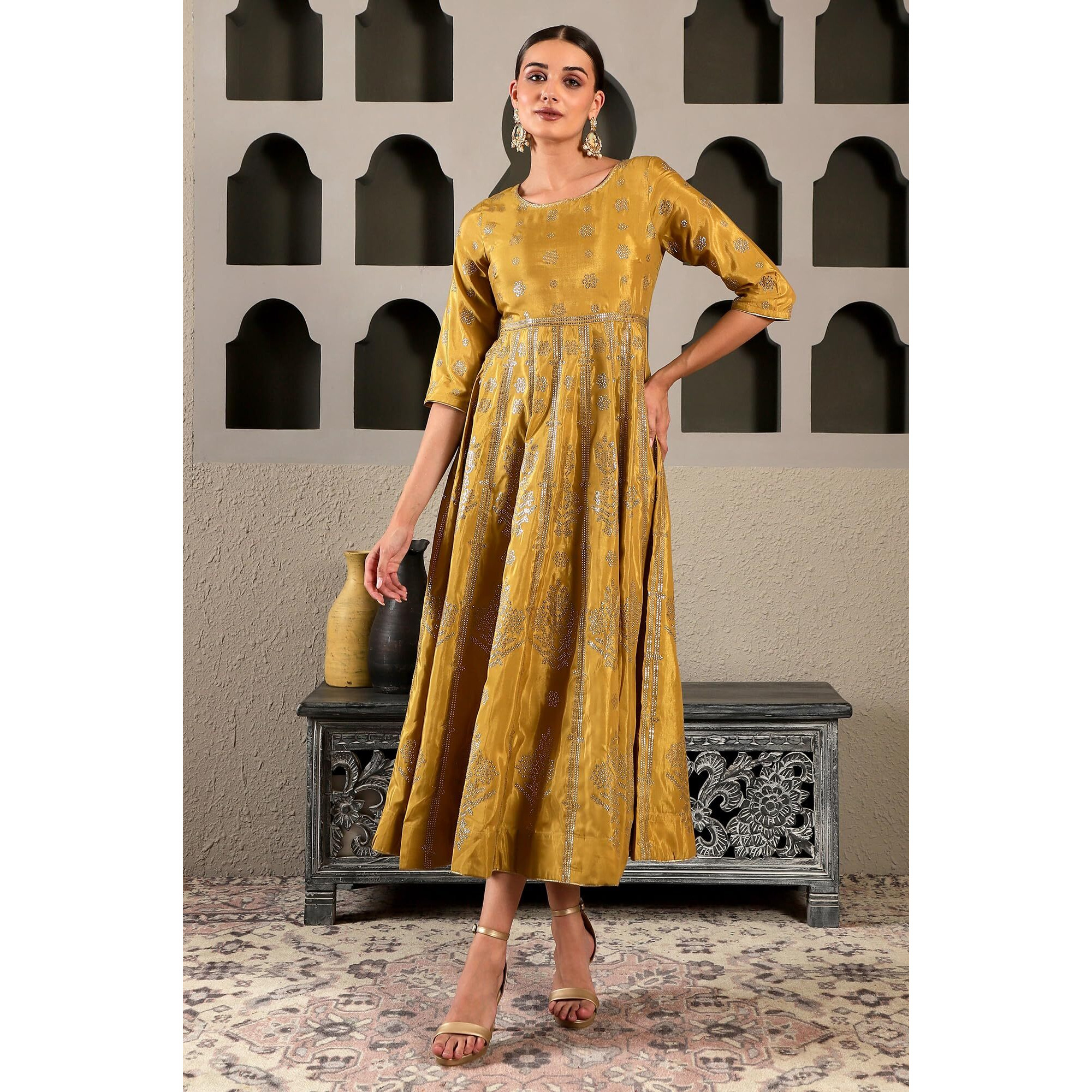 W For Woman Yellow Ethnic Motif Synthetic Maxi Dress With Sequins