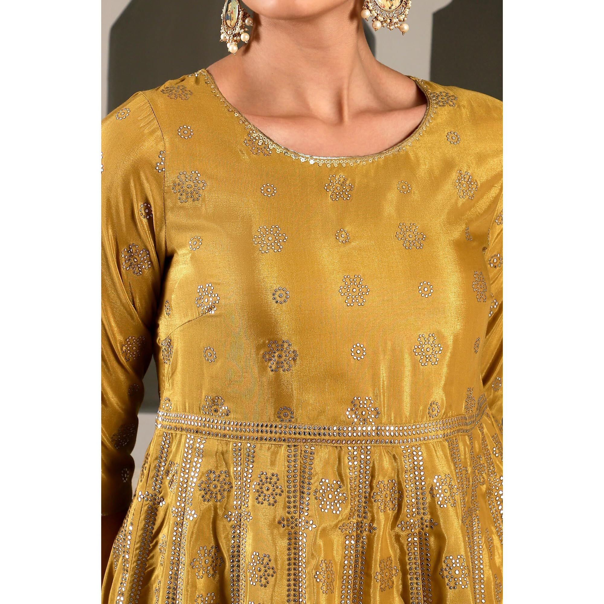 W For Woman Yellow Ethnic Motif Synthetic Maxi Dress With Sequins