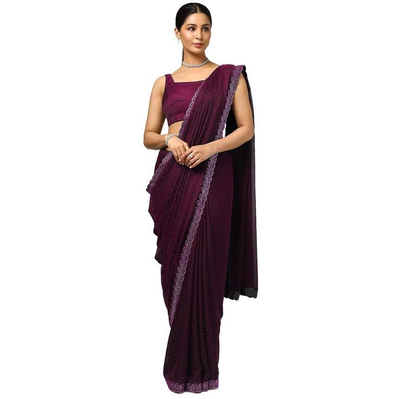 Soch Womens Wine Chiffon Floral Print Saree With Stone Work