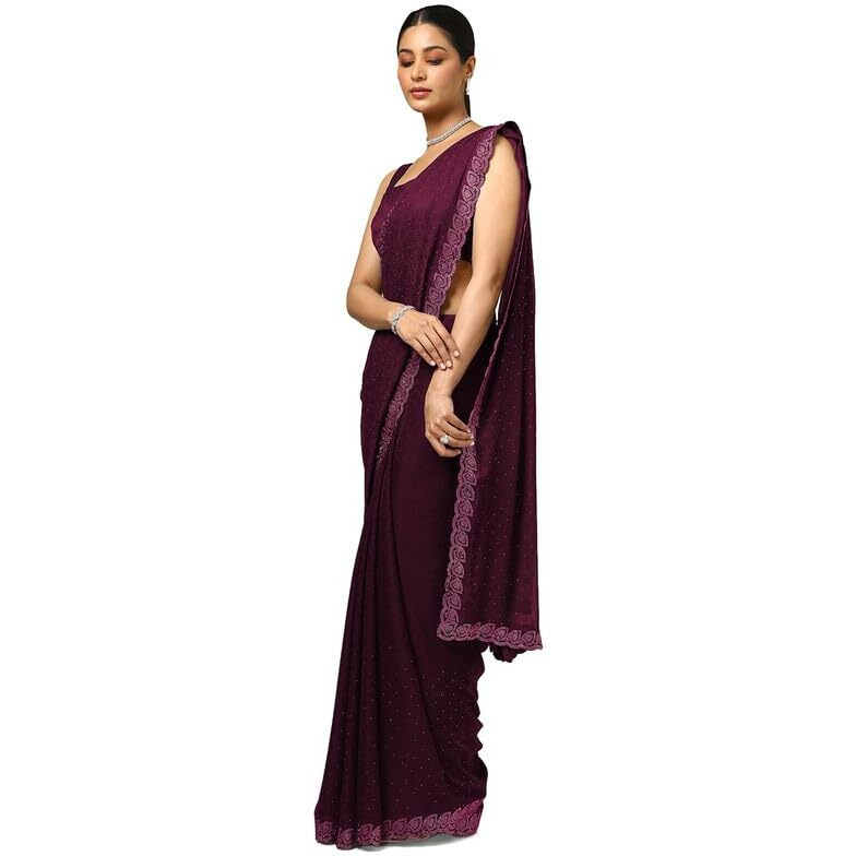 Soch Womens Wine Chiffon Floral Print Saree With Stone Work