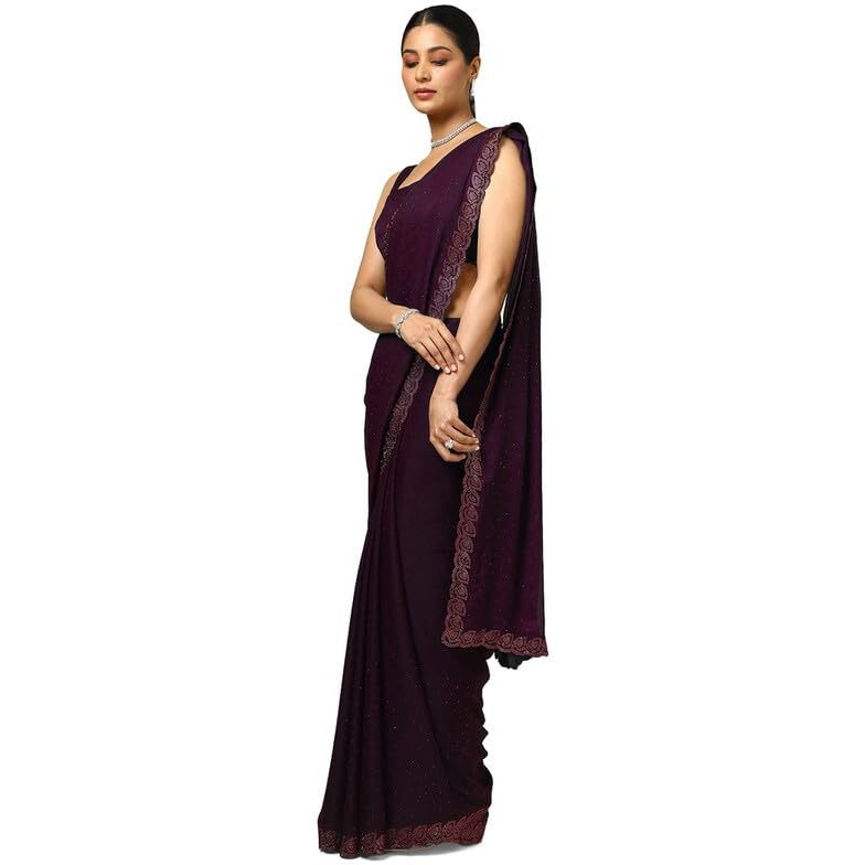 Soch Womens Purple Chiffon Floral Print Saree With Stone Work