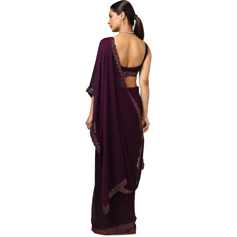 Soch Womens Purple Chiffon Floral Print Saree With Stone Work
