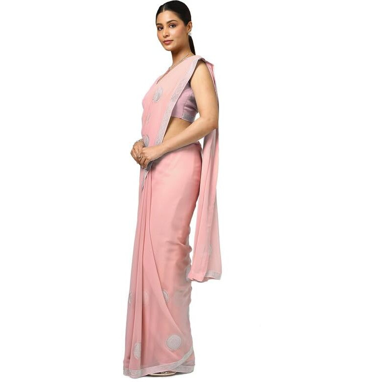 Soch Womens Peach Georgette Embellished Saree With Stone Work