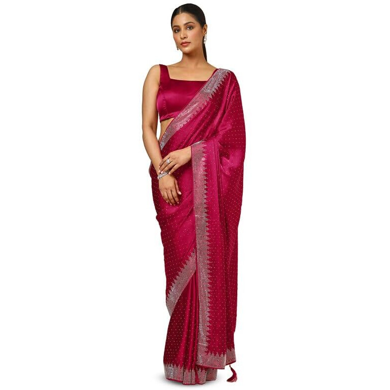 Soch Womens Fuchsia Satin Embellished Saree With Stone Work
