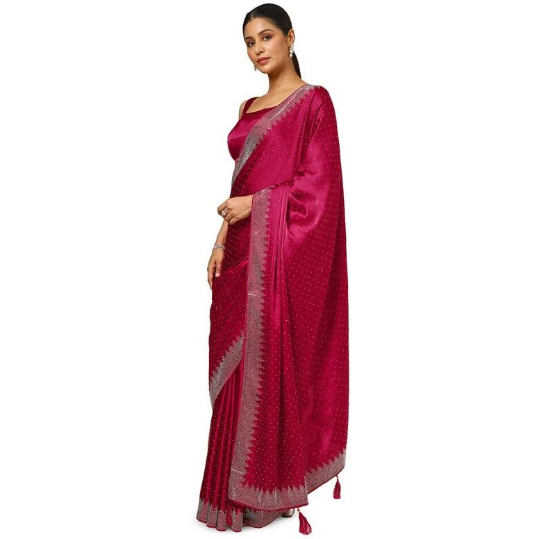Soch Womens Fuchsia Satin Embellished Saree With Stone Work