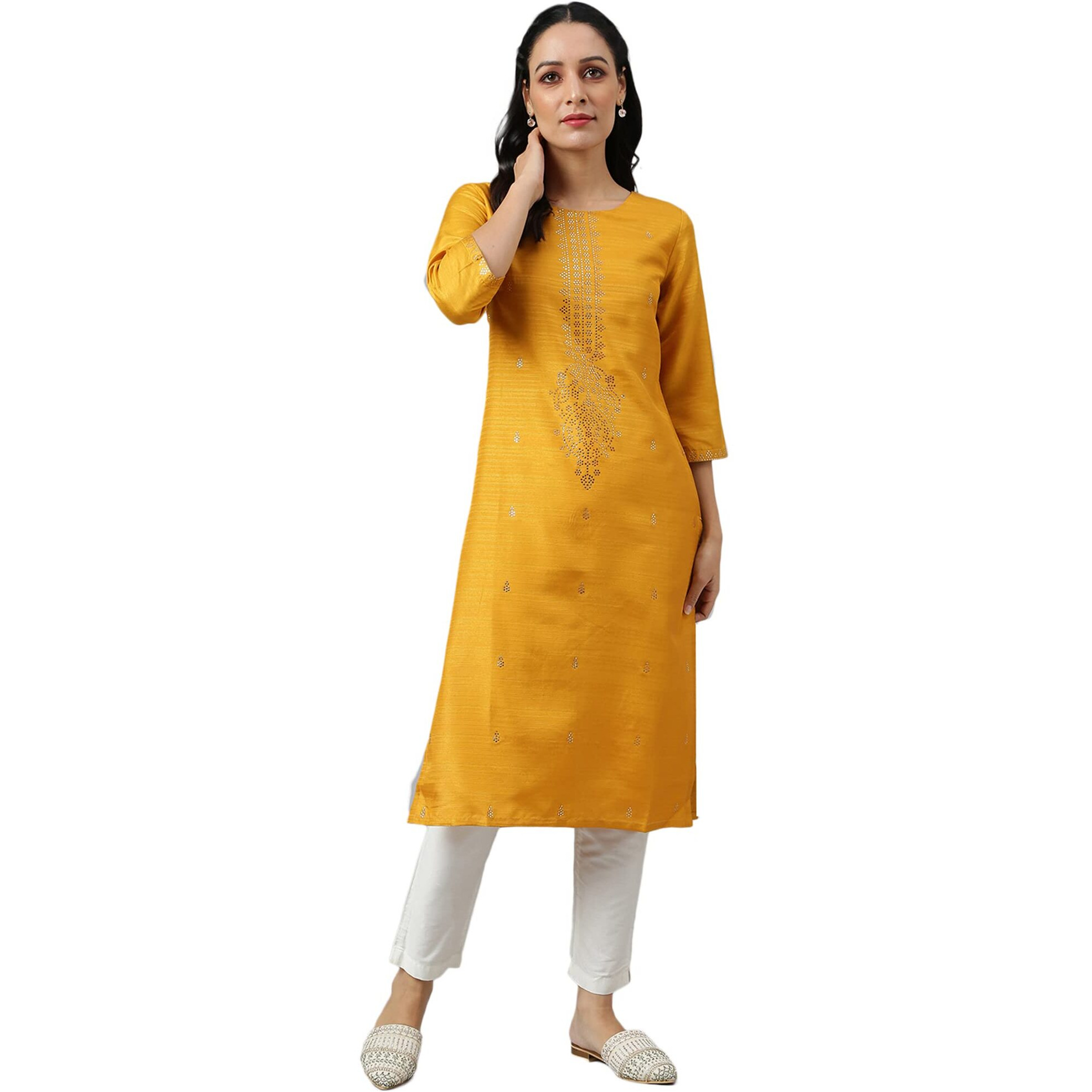 W Yellow Geometric Printed Gold Mukaish Regular Kurta For Women