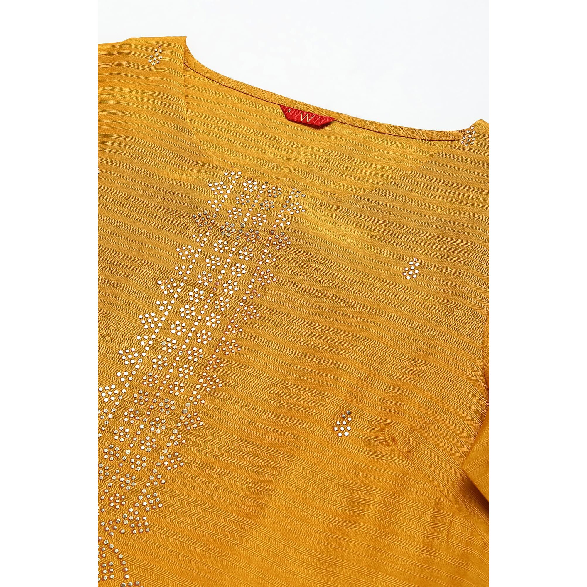 W Yellow Geometric Printed Gold Mukaish Regular Kurta For Women