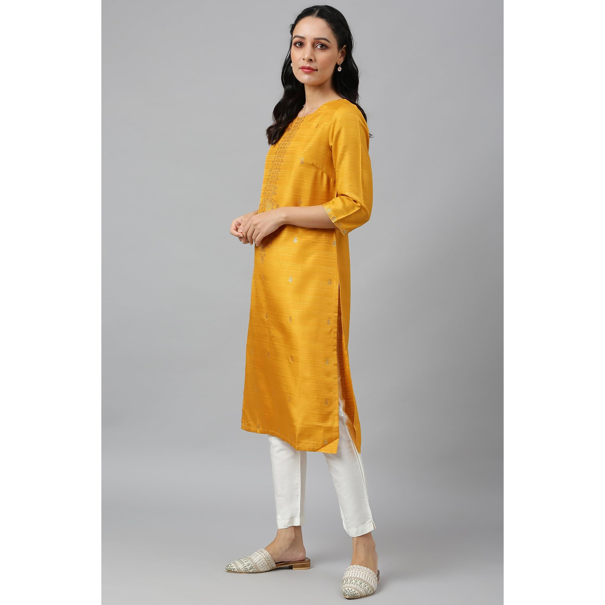 W Yellow Geometric Printed Gold Mukaish Regular Kurta For Women