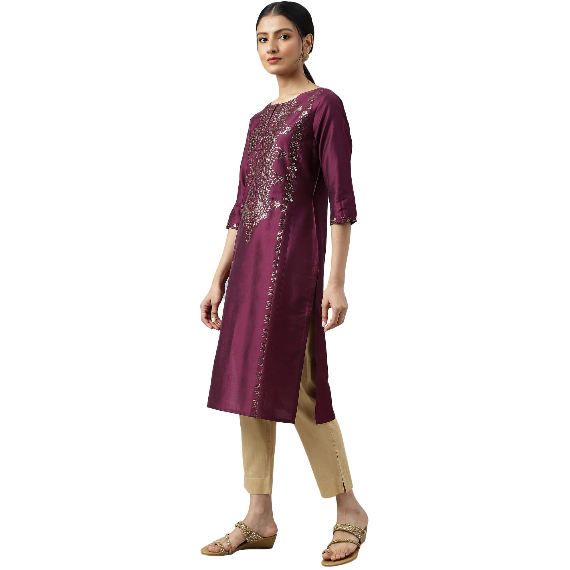 W For Woman Dark Pink Mukaish Placement Print Kurta