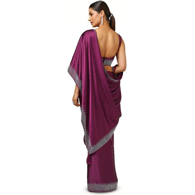 Soch Womens Wine Satin Embellished Saree With Stone Work