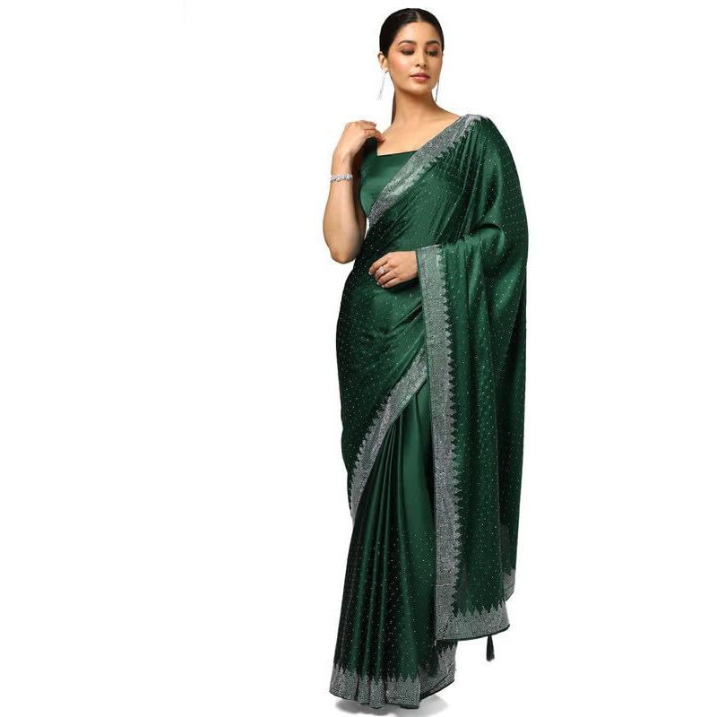 Soch Womens Green Satin Embellished Saree With Stone Work