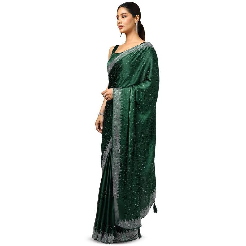 Soch Womens Green Satin Embellished Saree With Stone Work
