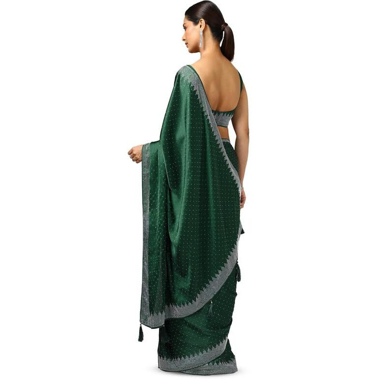 Soch Womens Green Satin Embellished Saree With Stone Work