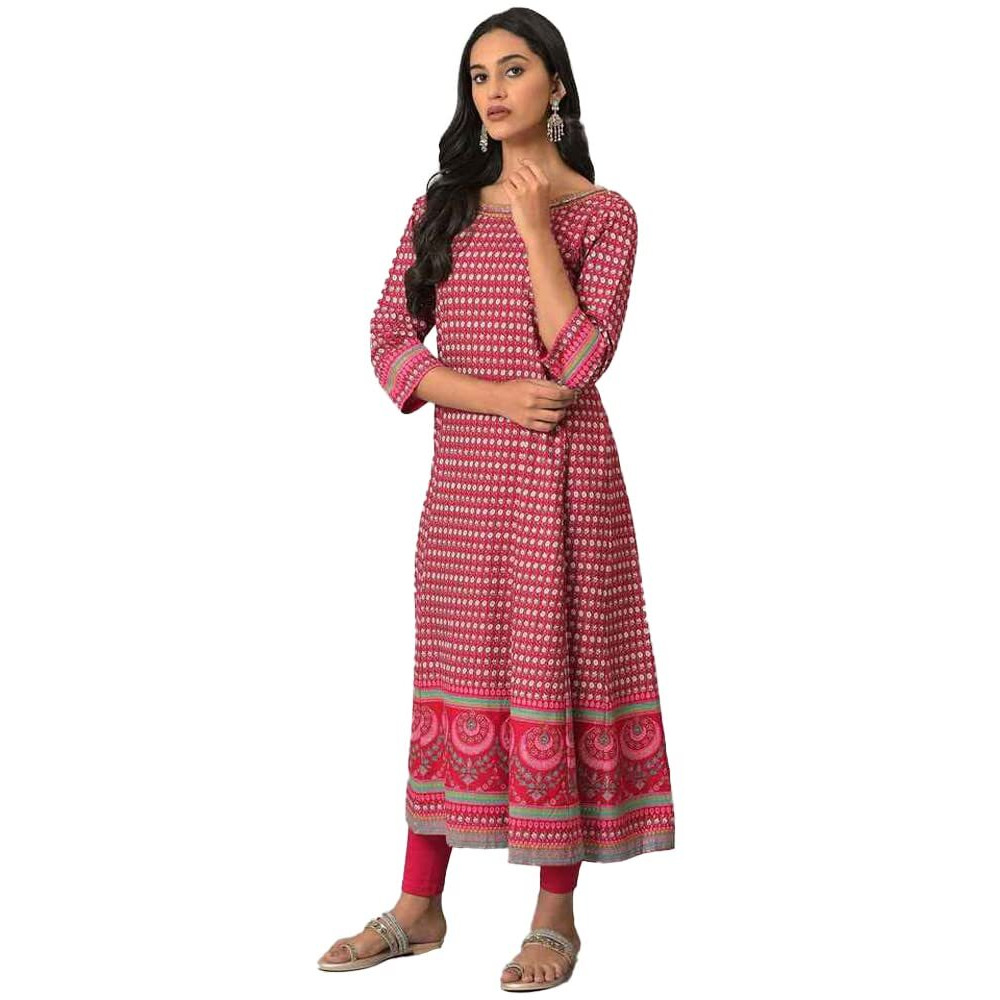 W For Woman Dark Pink Printed Kalidar Kurta With Tights_22Auws18124-119190_S