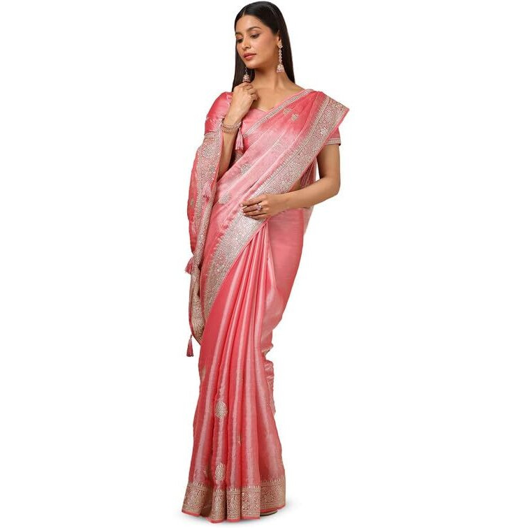 Soch Womens Peach Organza Embroidered Saree With Stone Work