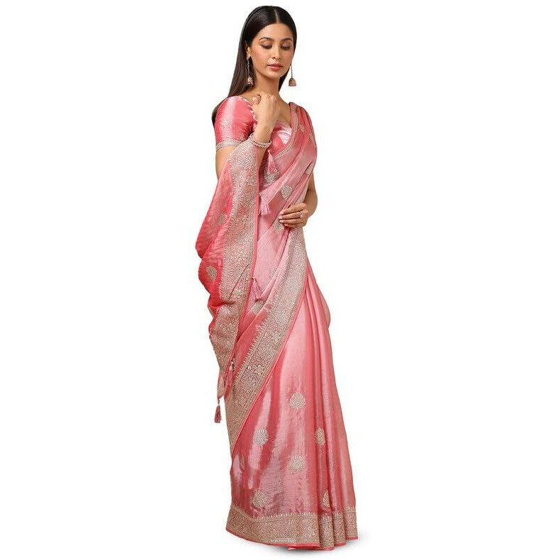 Soch Womens Peach Organza Embroidered Saree With Stone Work