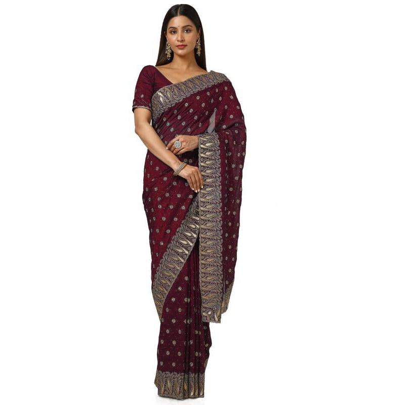 Soch Womens Maroon Tussar Embroidered Saree With Stone Work