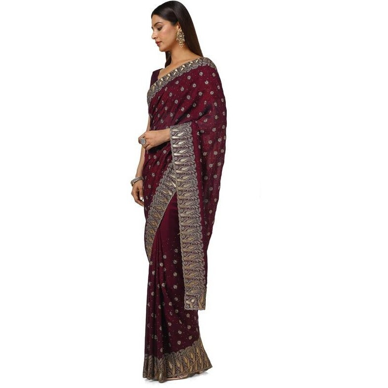 Soch Womens Maroon Tussar Embroidered Saree With Stone Work