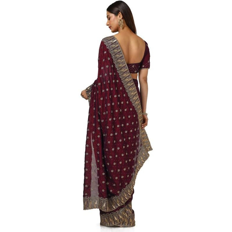 Soch Womens Maroon Tussar Embroidered Saree With Stone Work