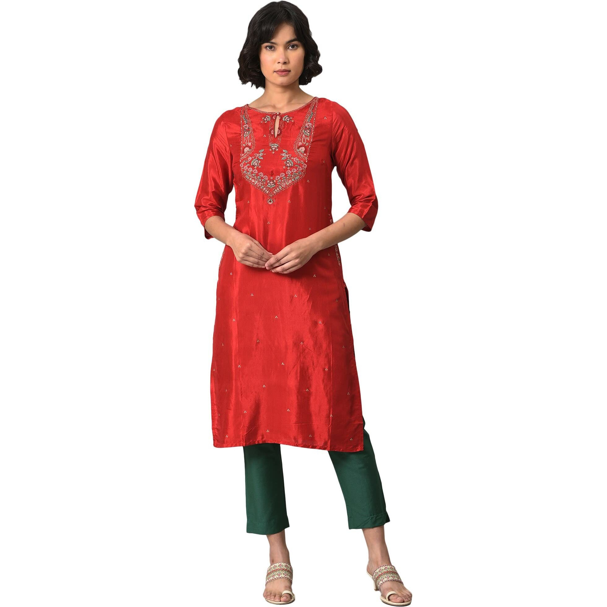 W For Woman Red Embroidered Regular Kurta With Glitter Accents