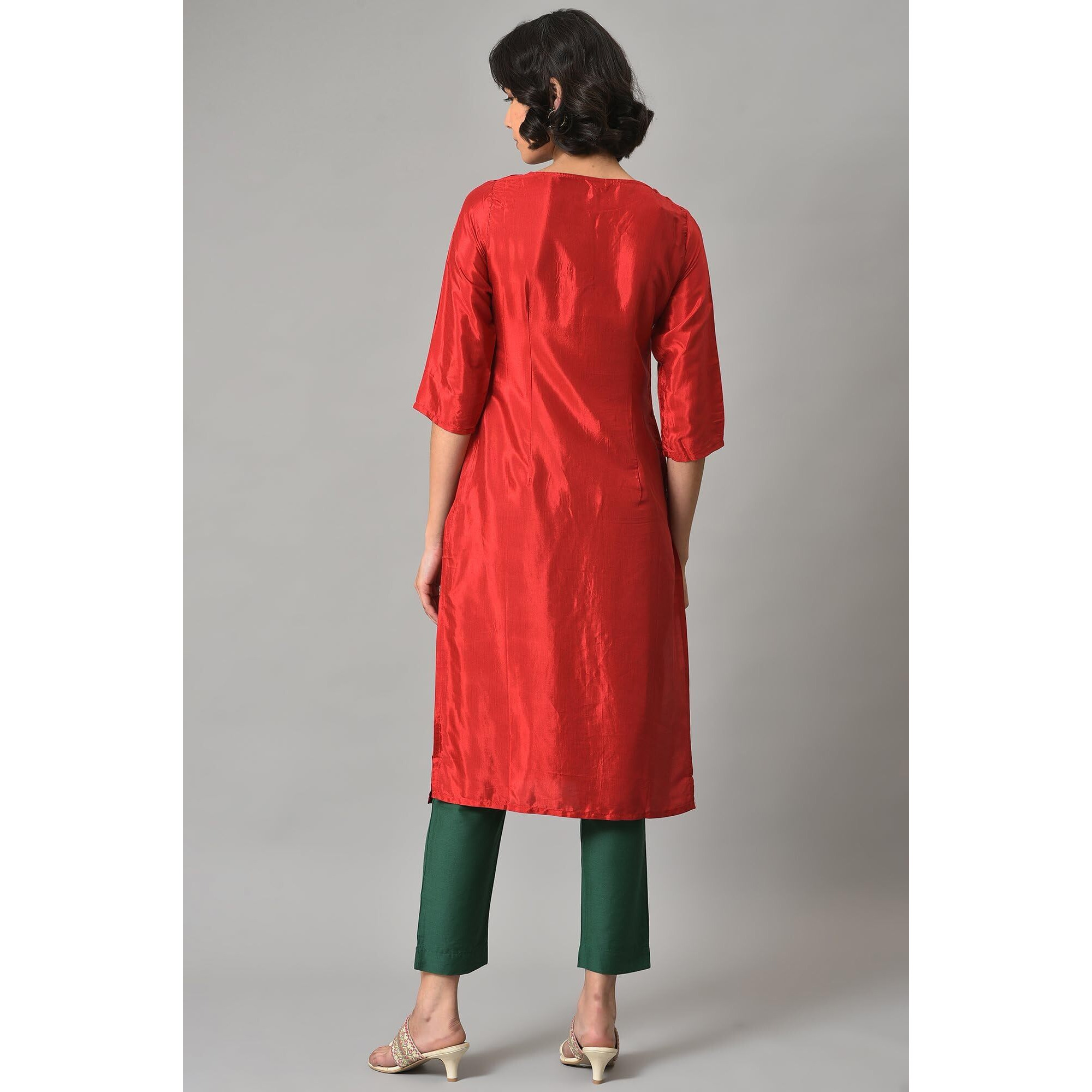 W For Woman Red Embroidered Regular Kurta With Glitter Accents