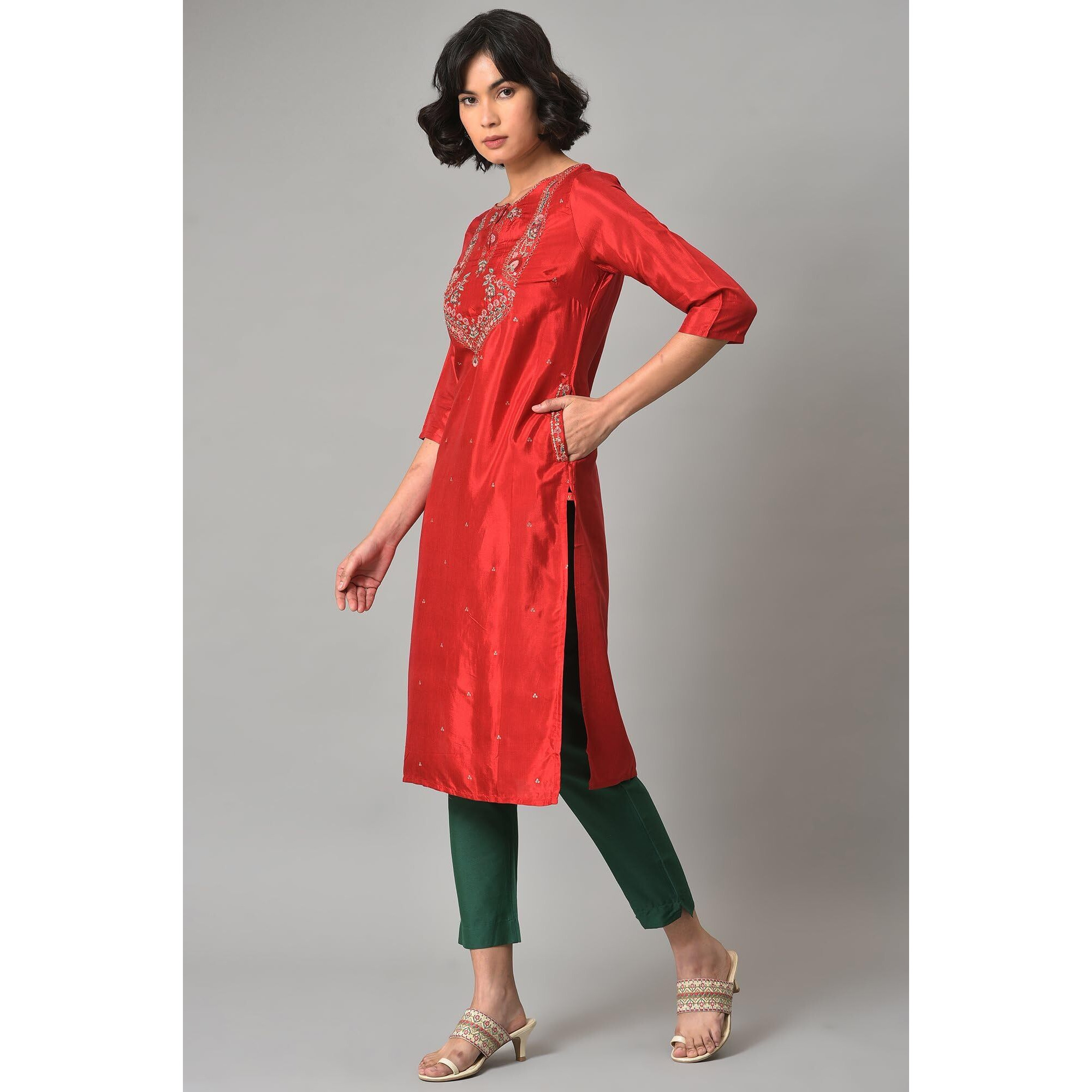 W For Woman Red Embroidered Regular Kurta With Glitter Accents