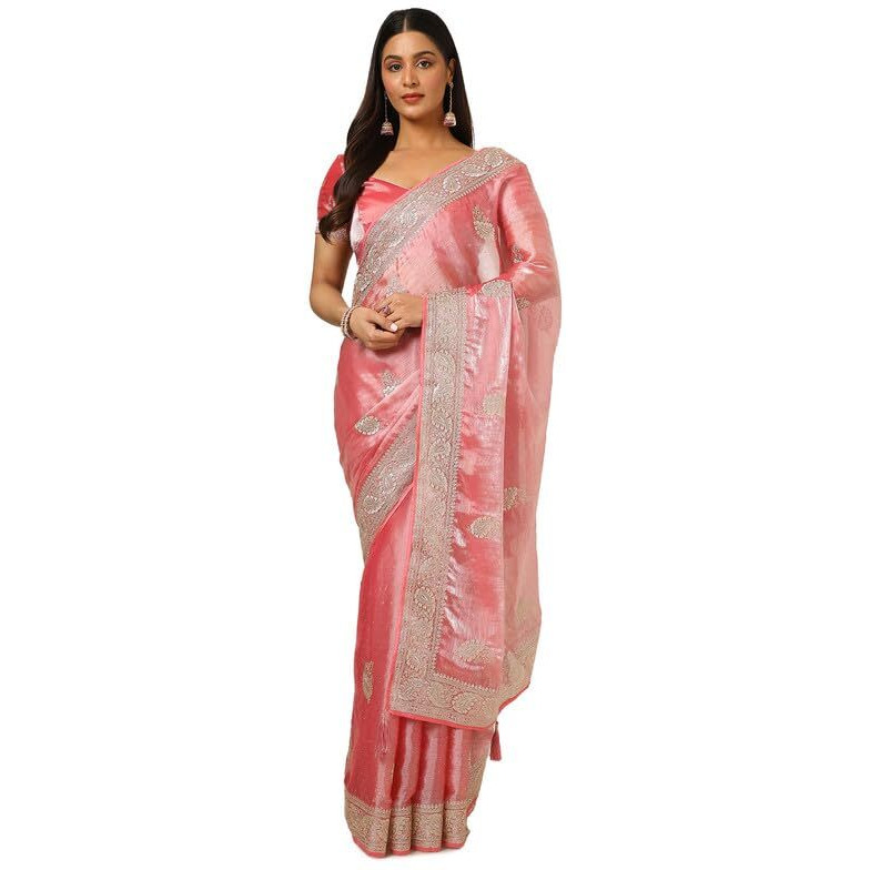 Soch Womens Peach Organza Embroidered Saree With Stone Work