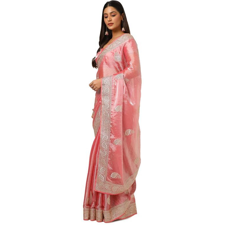 Soch Womens Peach Organza Embroidered Saree With Stone Work