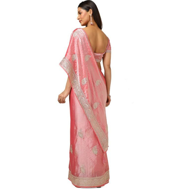 Soch Womens Peach Organza Embroidered Saree With Stone Work