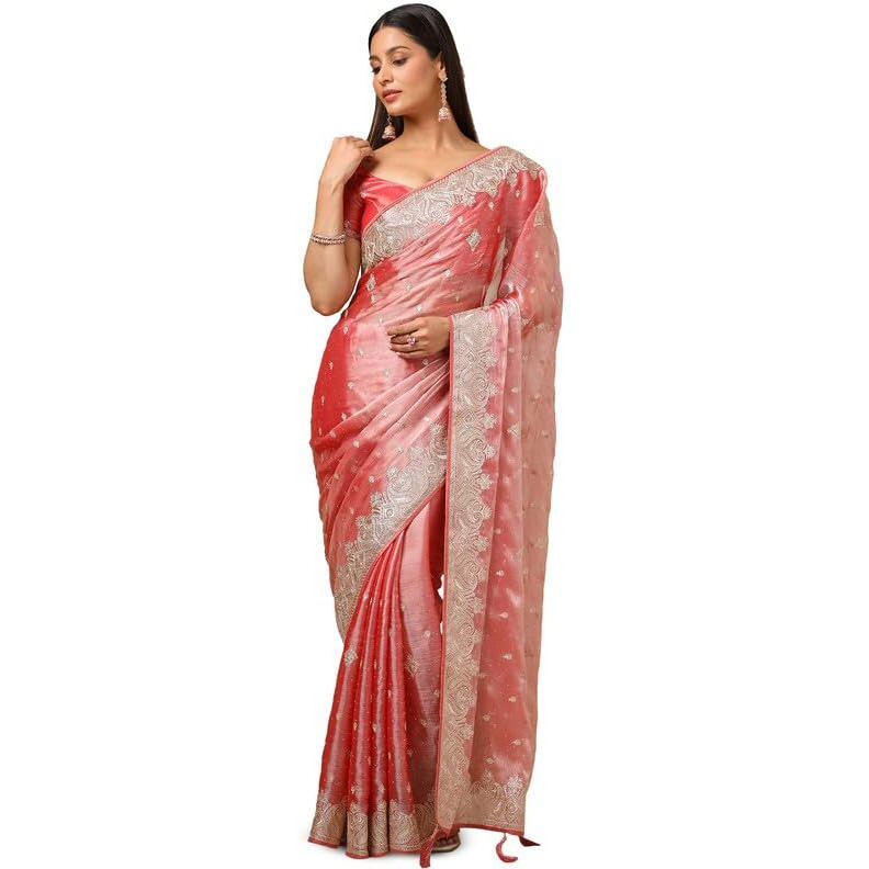 Soch Womens Peach Organza Embroidered Saree With Stone Work