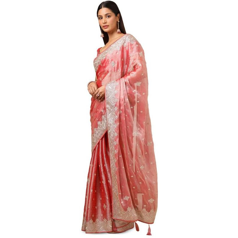 Soch Womens Peach Organza Embroidered Saree With Stone Work