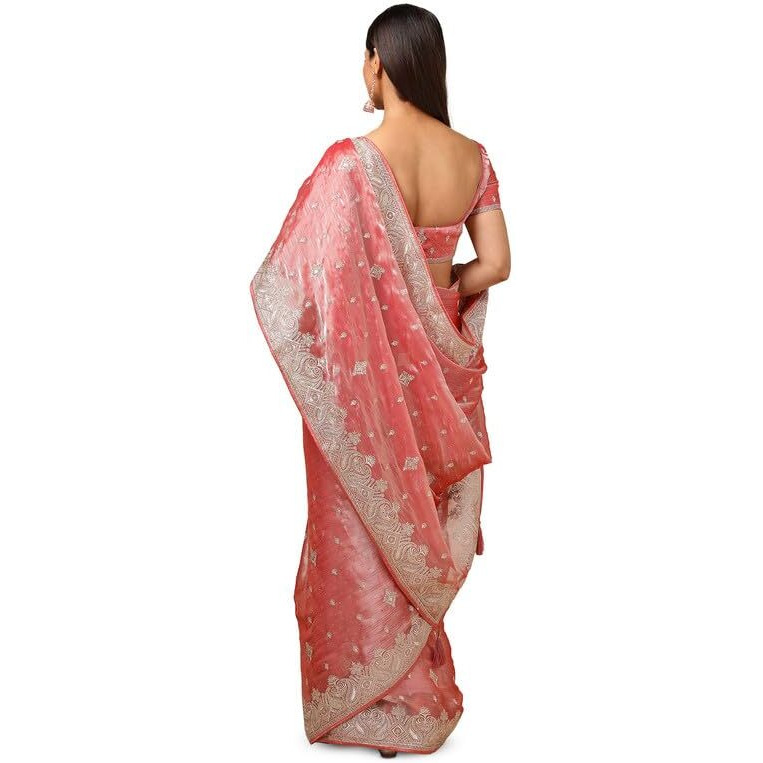 Soch Womens Peach Organza Embroidered Saree With Stone Work