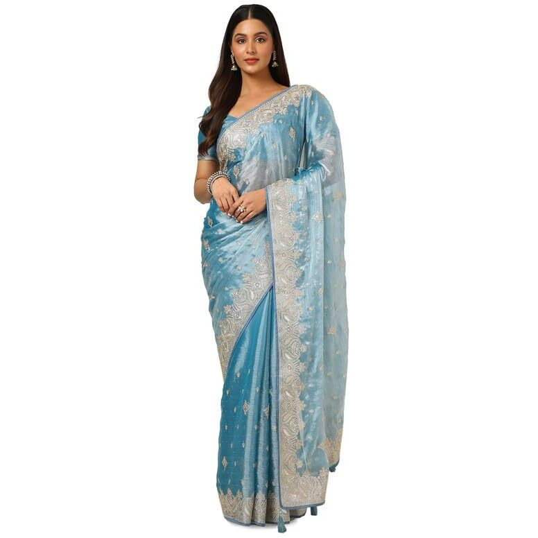 Soch Womens Powder Blue Organza Embroidered Saree With Stone Work