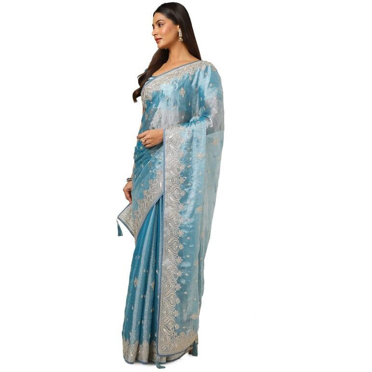 Soch Womens Powder Blue Organza Embroidered Saree With Stone Work
