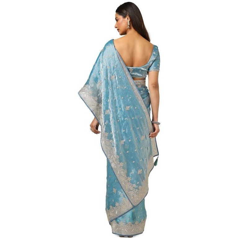 Soch Womens Powder Blue Organza Embroidered Saree With Stone Work