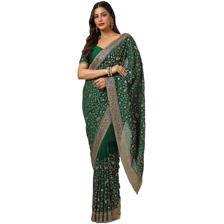 Soch Womens Green Tussar Embroidered Saree With Stone Work