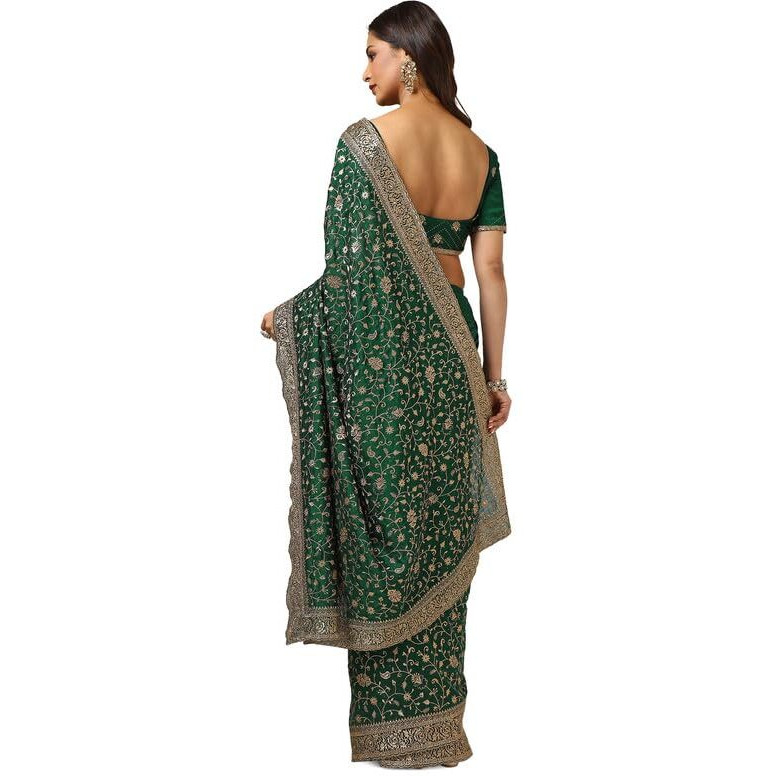 Soch Womens Green Tussar Embroidered Saree With Stone Work
