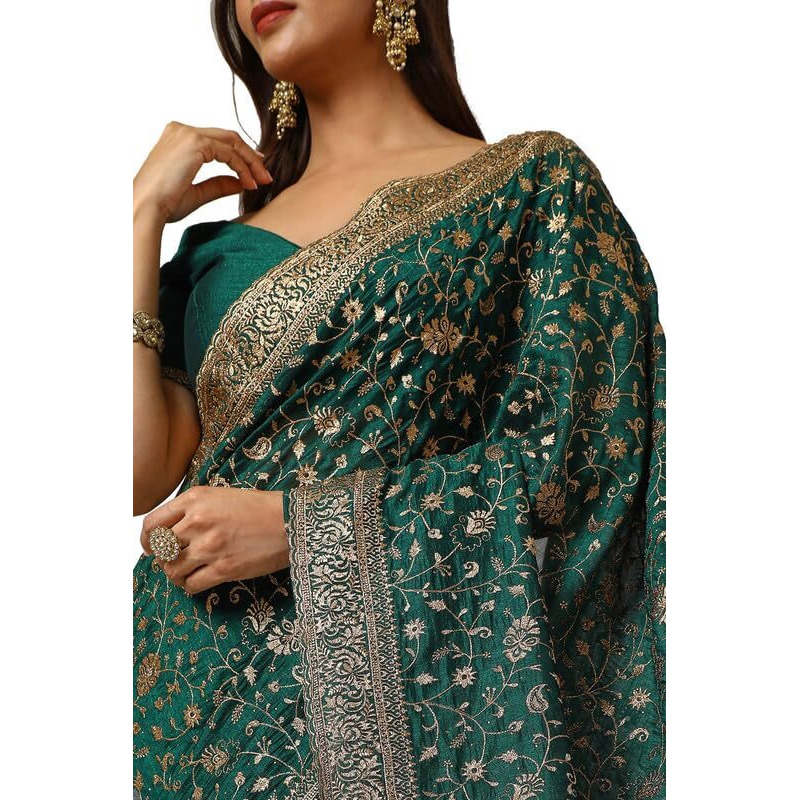Soch Womens Green Tussar Embroidered Saree With Stone Work