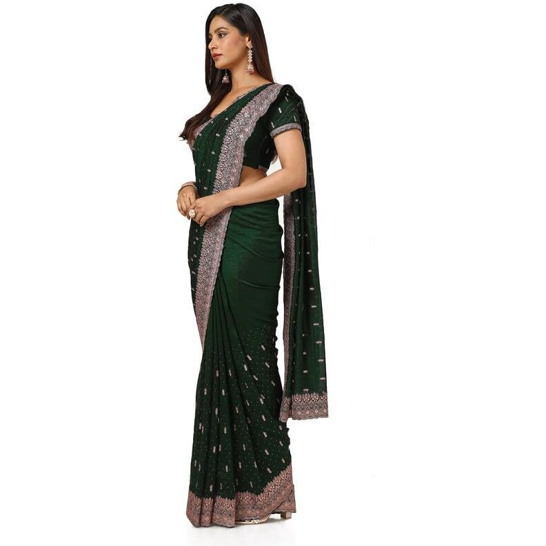 Soch Womens Green Tussar Zari Embroidered Saree With Stone Work
