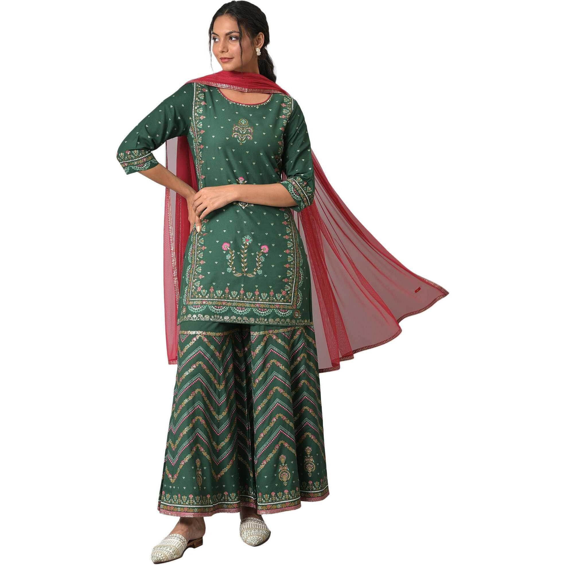 W Women's Dark Green Floral Printed Kurta Dupatta Bottomwear With Sequins