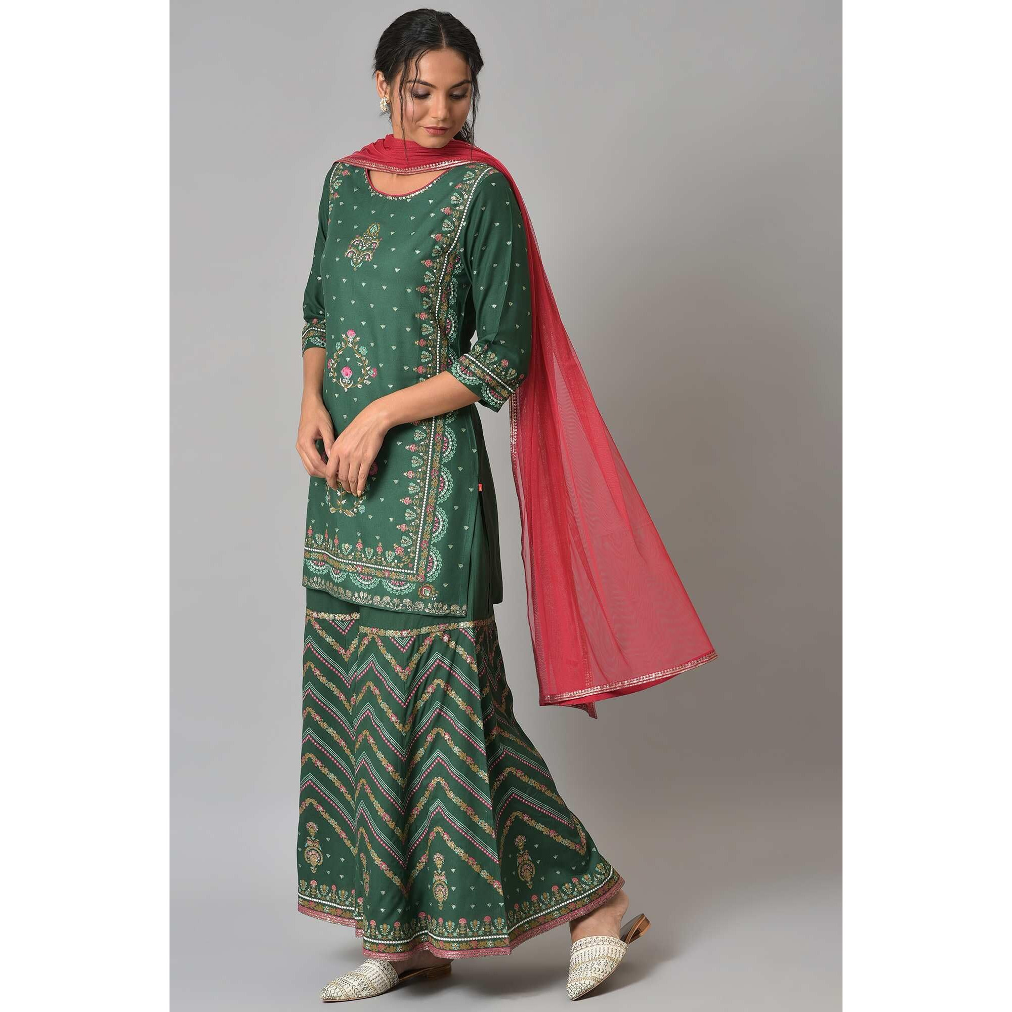 W Women's Dark Green Floral Printed Kurta Dupatta Bottomwear With Sequins