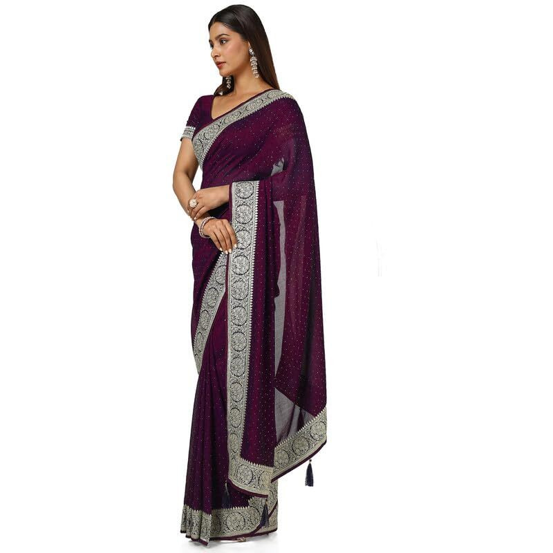 Soch Womens Wine Stone Embellish Tussar Saree With Zari Embroidery